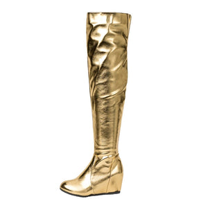 ORCHA LISA Over Knee Boots 60cm High Shiny Fashion Round Toe Wedge Heel Heel Big Size 47 48 US16 US17 Red Black