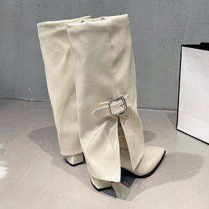 Fashion High Heels Knee High Boots for Women Winter 2025 Trend Pointed Toe Knight Boots Woman Fold Over PU Leather Long Botas