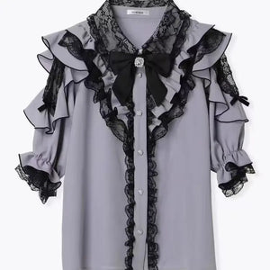 3-Color Sweet Gothic Lolita Coord Set, Off Shoulder Lace Blouse & High Waist Skirt, Kawaii Japanese Style Two Piece Outfit S-XL