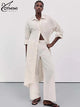 Oymimi Elegant Apricot Print Sets For Women 2 Pieces Fashion Long Sleeve Pockets Lace-Up Button Robe And Drawstring Pants Sets