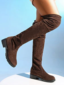 2024 New Women Boots Winter brown Over The Knee Boots Comfort Lace Up Chunky High Heels Shoes Fashion Warm Suede Round Toe Boots