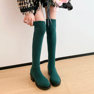 Stretchy Knit Over The Knee Boots Women Plus Size 35-42 Thick Heel Long Boots Woman Comfortable Slip On Slim High Botas Mujer