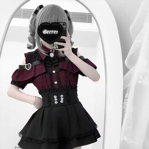 3-Color Sweet Gothic Lolita Coord Set, Off Shoulder Lace Blouse & High Waist Skirt, Kawaii Japanese Style Two Piece Outfit S-XL