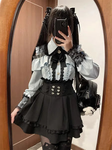 3-Color Sweet Gothic Lolita Coord Set, Off Shoulder Lace Blouse & High Waist Skirt, Kawaii Japanese Style Two Piece Outfit S-XL