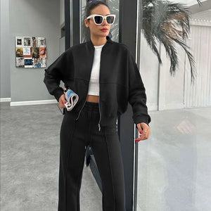 FSMG Casual Sweatshirt Pants Set Solid Zippers Jackets Loose High Waist Lace-up Elastic Waist Trousers Suits Sportswear 2 Pieces