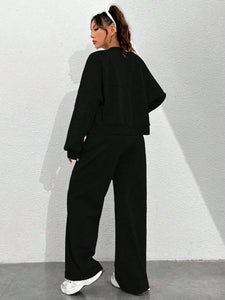 FSMG Casual Sweatshirt Pants Set Solid Zippers Jackets Loose High Waist Lace-up Elastic Waist Trousers Suits Sportswear 2 Pieces