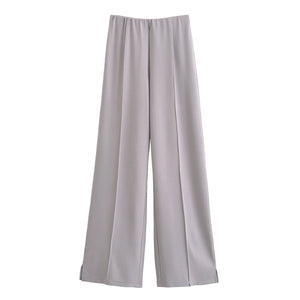 HH Women's 2-Piece Set Fashion Slimming Double-Sided Fabric Round Neck Long-Sleeve Top+Elegant Stretch Casual Wide Leg Pants