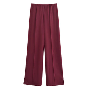 HH Women's 2-Piece Set Fashion Slimming Double-Sided Fabric Round Neck Long-Sleeve Top+Elegant Stretch Casual Wide Leg Pants