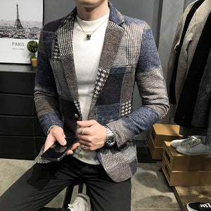 Mens Woolen Jacket 2023 Autumn Winter Fleece Warm Plaid Woolen Coat Streetwear Casual Slim Fit Jacket Coat Fashion Men Clothing