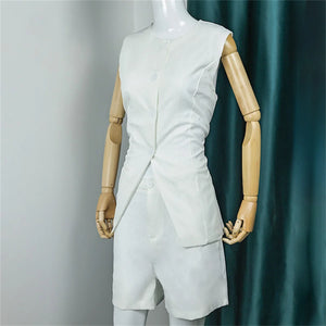 Summer Women's Denim Shorts Suit Sleeveless O-neck Single Breasted Split Top Vest High Waist Wide Leg Shorts 2024 Lady Sets