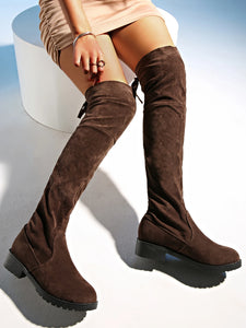 2024 New Women Boots Winter brown Over The Knee Boots Comfort Lace Up Chunky High Heels Shoes Fashion Warm Suede Round Toe Boots