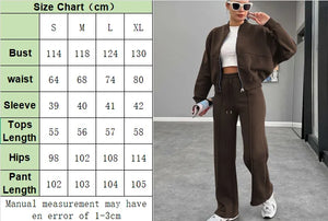 FSMG Casual Sweatshirt Pants Set Solid Zippers Jackets Loose High Waist Lace-up Elastic Waist Trousers Suits Sportswear 2 Pieces