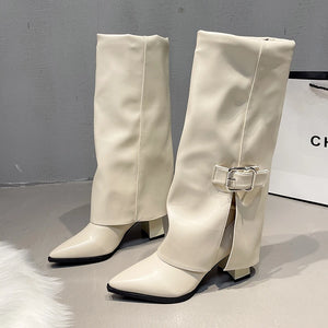Fashion High Heels Knee High Boots for Women Winter 2025 Trend Pointed Toe Knight Boots Woman Fold Over PU Leather Long Botas