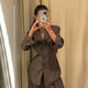 Vintage Brown Strip Blazer Jacket Pant Sets Padded Shoulder Slim Fit Suit Coat High Waist Casual Trousers 2025 New Autumn Outfit