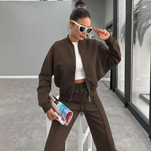 FSMG Casual Sweatshirt Pants Set Solid Zippers Jackets Loose High Waist Lace-up Elastic Waist Trousers Suits Sportswear 2 Pieces