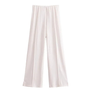 HH Women's 2-Piece Set Fashion Slimming Double-Sided Fabric Round Neck Long-Sleeve Top+Elegant Stretch Casual Wide Leg Pants