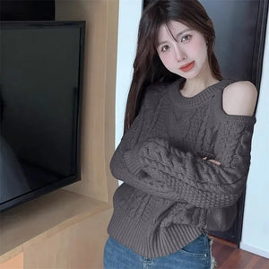 Women's Clothing Off Shoulder Sweet Sweaters Autumn/Winter Sexy Unique Tops Lady Elegant Crew Neck Knitted All-match Pullovers
