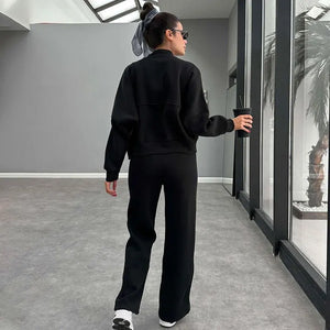FSMG Casual Sweatshirt Pants Set Solid Zippers Jackets Loose High Waist Lace-up Elastic Waist Trousers Suits Sportswear 2 Pieces