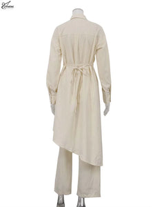 Oymimi Elegant Apricot Print Sets For Women 2 Pieces Fashion Long Sleeve Pockets Lace-Up Button Robe And Drawstring Pants Sets