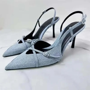 Temperament Pointed Toe Shallow Mouth High-heeled Single Shoes Women's Summer New One-word Cross Strap Stiletto Sandals