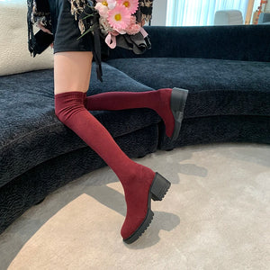 Stretchy Knit Over The Knee Boots Women Plus Size 35-42 Thick Heel Long Boots Woman Comfortable Slip On Slim High Botas Mujer