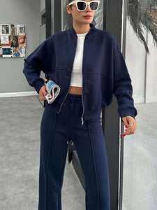 FSMG Casual Sweatshirt Pants Set Solid Zippers Jackets Loose High Waist Lace-up Elastic Waist Trousers Suits Sportswear 2 Pieces