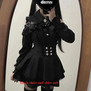 3-Color Sweet Gothic Lolita Coord Set, Off Shoulder Lace Blouse & High Waist Skirt, Kawaii Japanese Style Two Piece Outfit S-XL