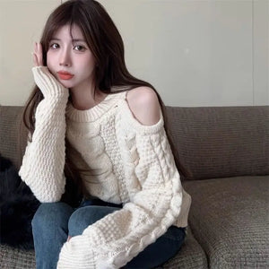 Women's Clothing Off Shoulder Sweet Sweaters Autumn/Winter Sexy Unique Tops Lady Elegant Crew Neck Knitted All-match Pullovers