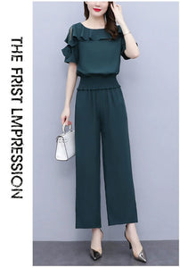 Women's Summer Suit 2025 New Waistband Lace Openwork Off The Shoulder Short Sleeve Tops Wide Leg Pants 2 Two Piece Set For Women